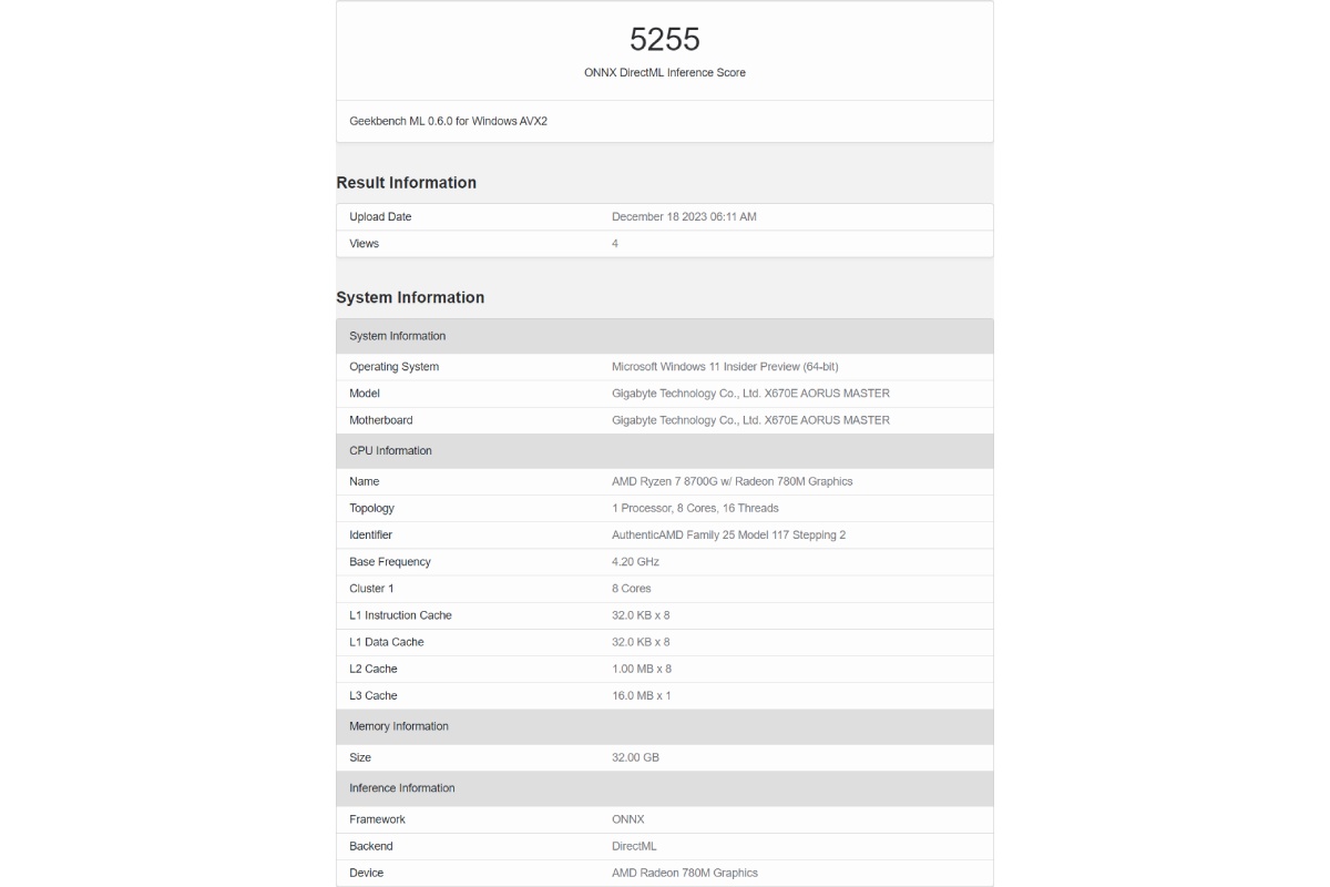 AMD 锐龙7 8700G出现在Geekbench上：Radeon 780M集成显卡表现优异